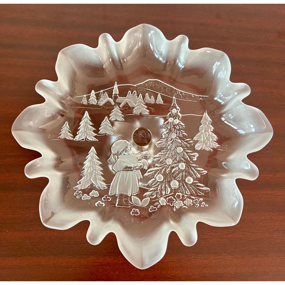 Vintage Mikasa Frosted Glass Christmas Pedestal Bowl Winter Village Scalloped